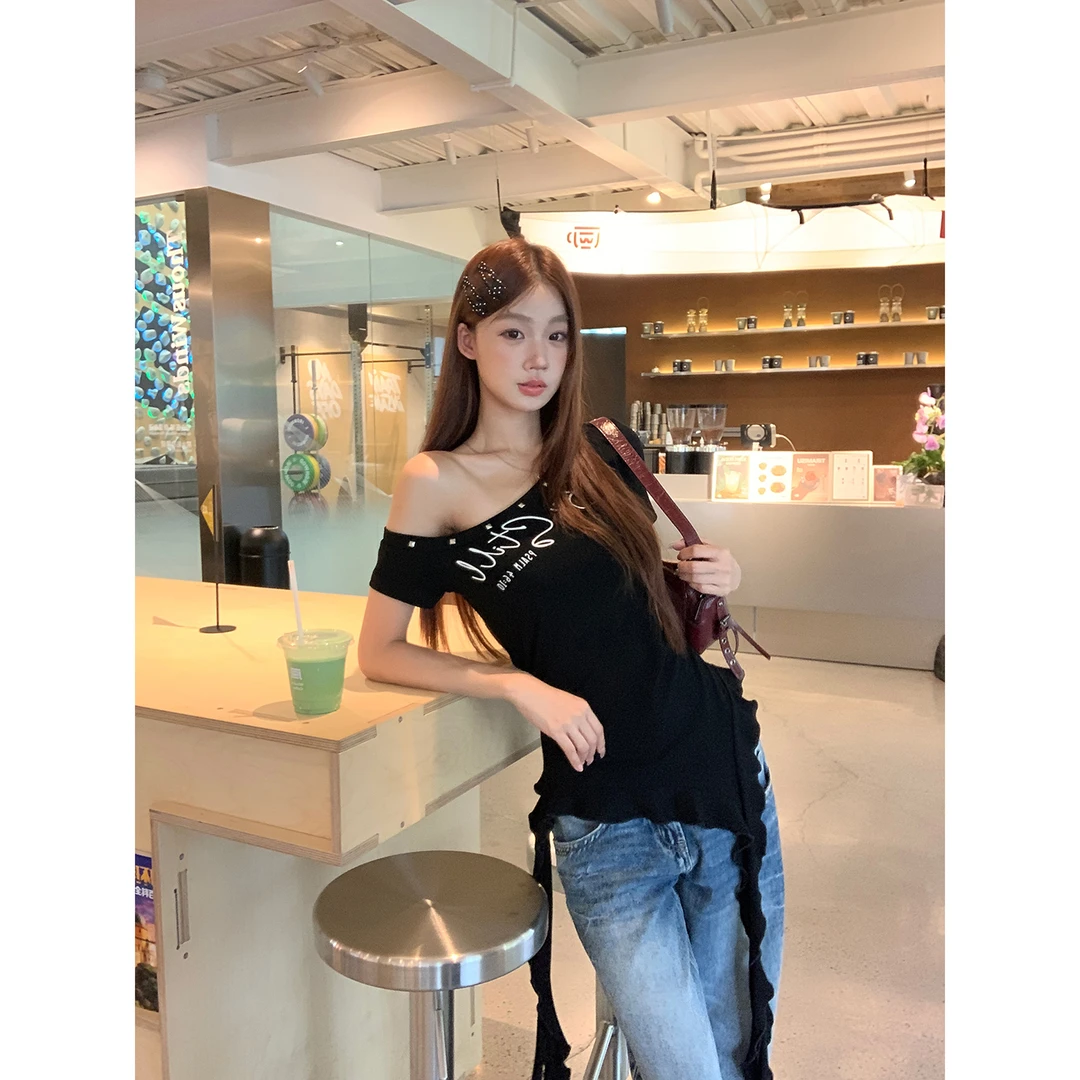 【HRG】春夏美式辣妹拼接蕾丝带斜肩百搭修身T恤252T2254#