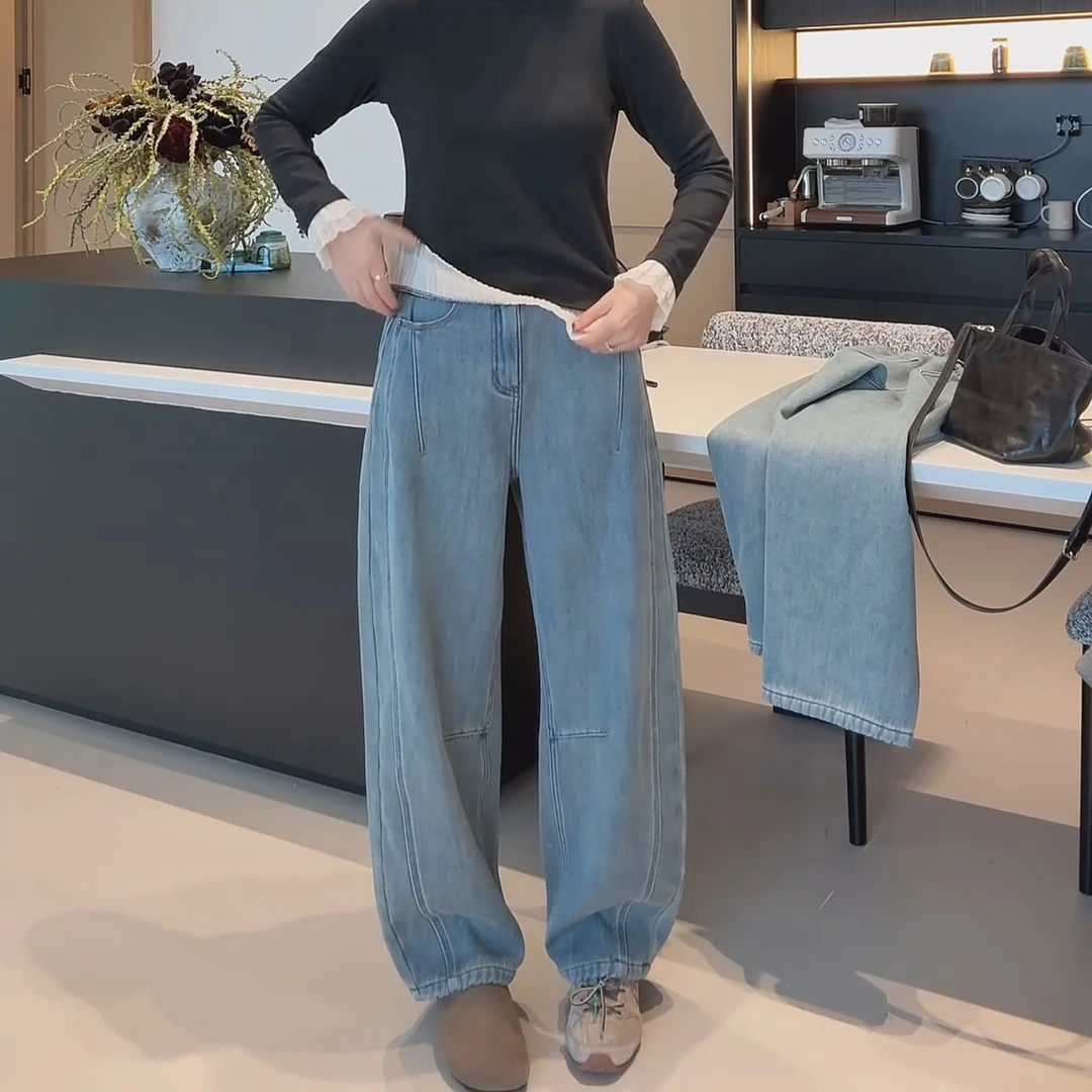 2024新款韩版新款百搭设计感加绒高腰宽松浅蓝色弯刀裤LK2500779