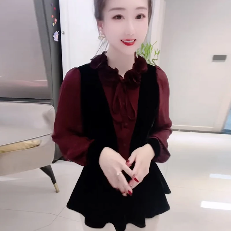 秋季新款设计感拼接安哥拉红显瘦气质长袖打底衫女士洋气减龄上衣