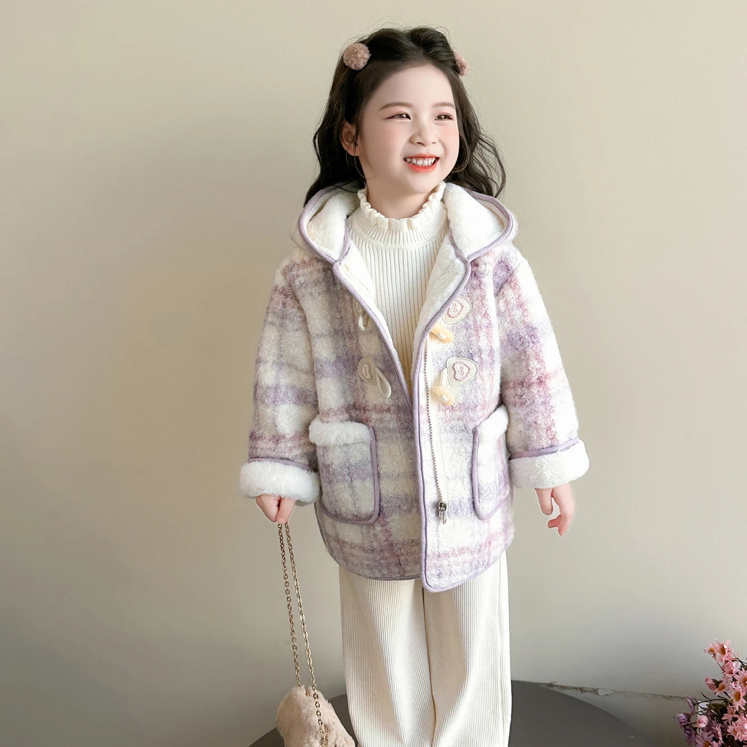 女童外套加绒秋冬2025新款宝宝洋气儿童加厚中长款格子呢大衣冬季