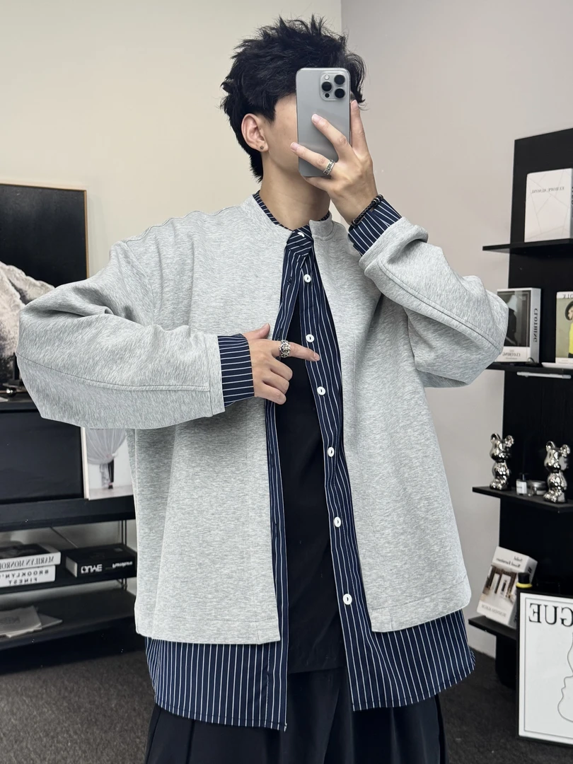 非凡 - 秋季新款假两件拼接开衫卫衣日系宽松潮流休闲风外套WY715