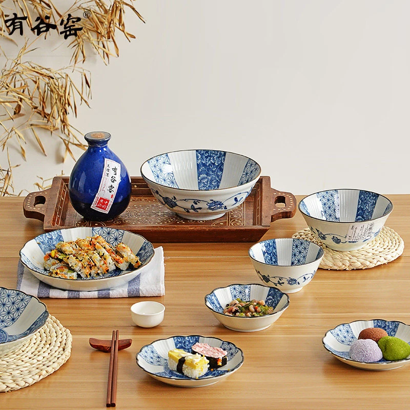 有谷窑青花麻叶日本进口釉下彩家用陶瓷米饭碗凉菜盘热菜盘碟