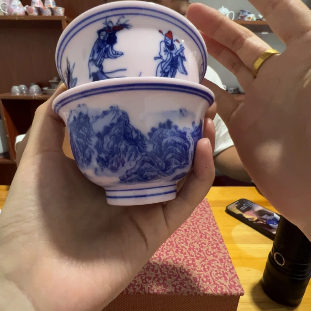 瓷片景德镇陶瓷红山水加红八仙各一只