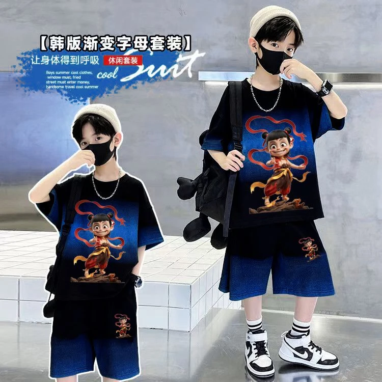 儿童夏季新款潮流休闲痞帅炸街男童新款哪吒印花渐变短袖短裤套装