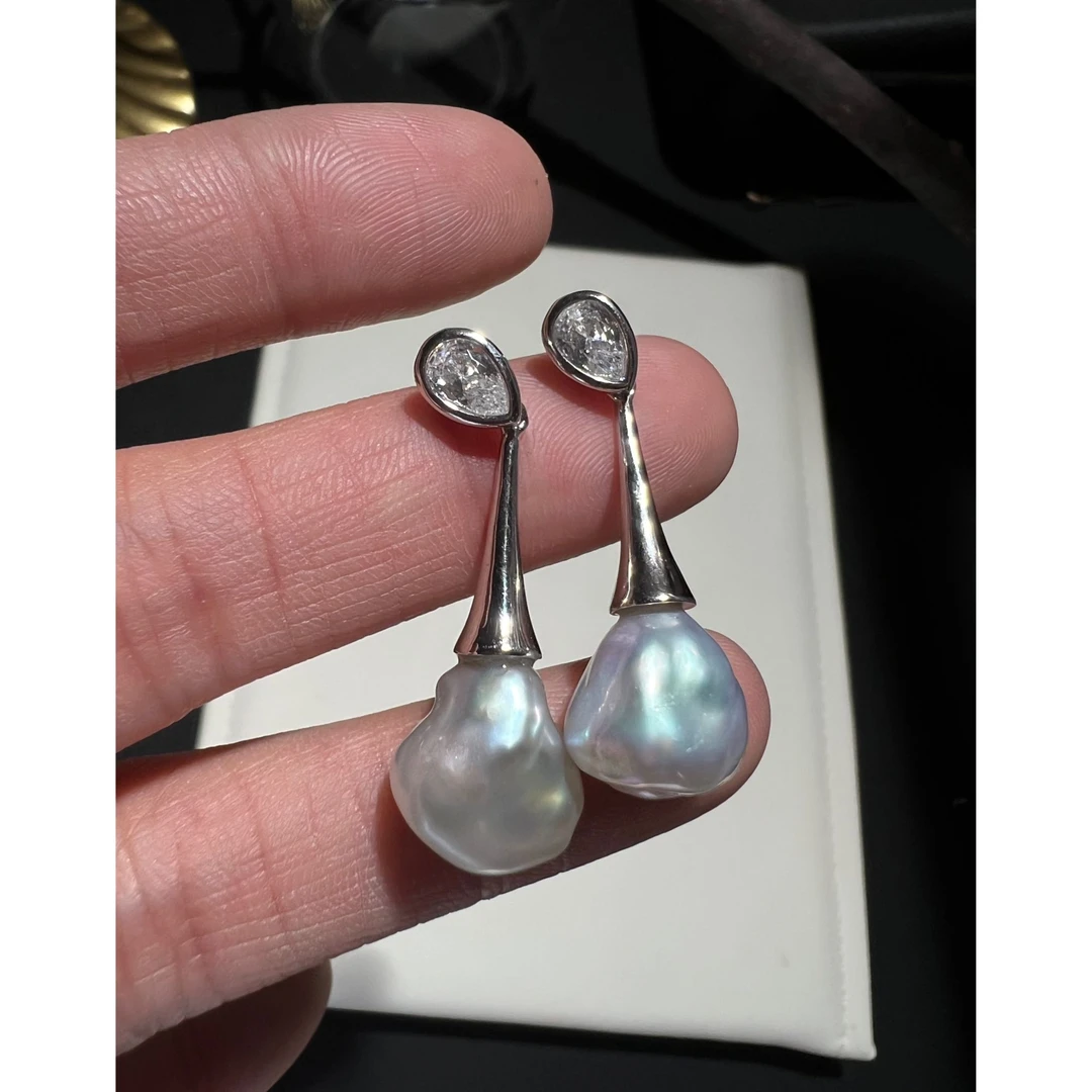 JUNMU淡水珍珠keshi银蓝光珍珠耳坠925银水滴耳环多样性发货发一