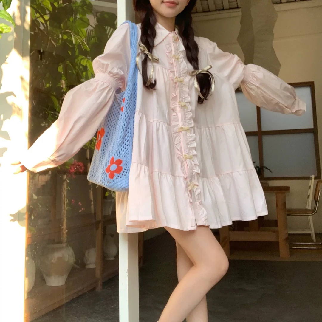 大码女装胖mm春甜美温柔风木耳边撞色蝴蝶结宽松长袖衬衫连衣裙女