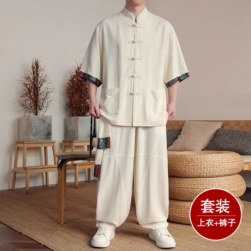 夏季中国风八段锦练功服男士亚麻唐装复古短袖衬衫宽松太极服套装