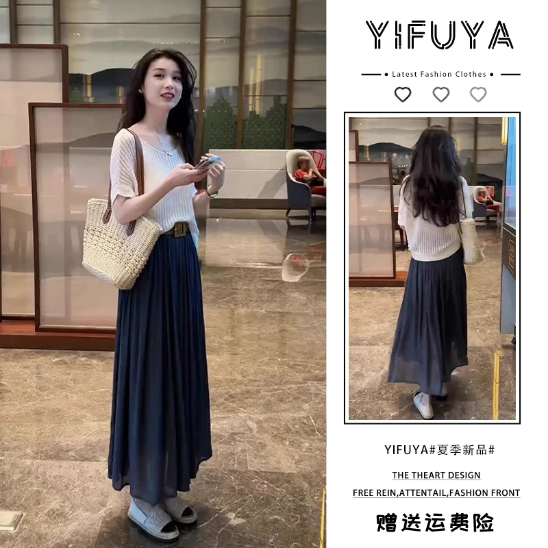 气质穿搭一整套高级感时尚短袖针织衫高腰半身裙超好看的夏日套装