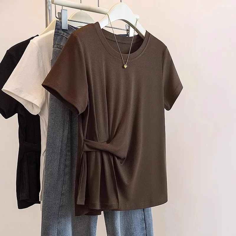 韩系设计感褶皱百搭正肩短袖T恤大码女装胖mm夏季不规则显瘦上衣