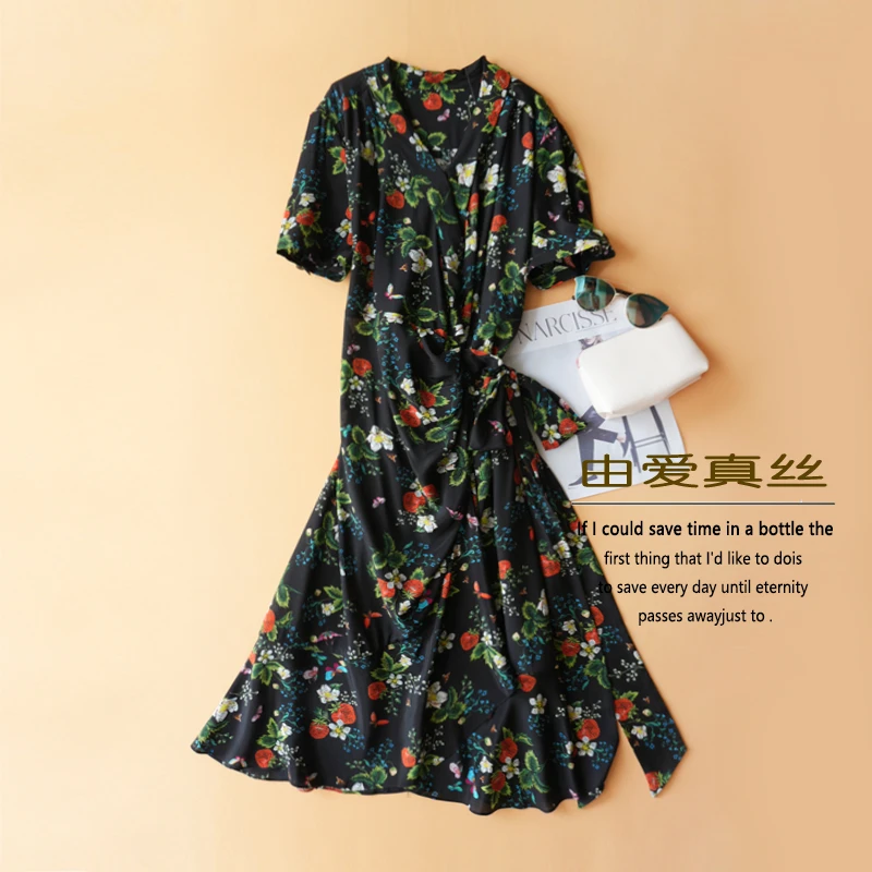 法式碎花桑蚕丝连衣裙夏季欧美风设计感收腰显瘦及膝真丝不规则裙