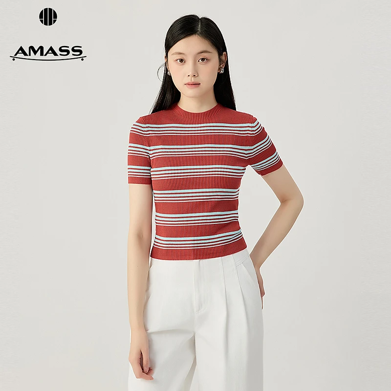 阿玛施AMASS新款女装时尚百搭条纹圆领修身套头短袖针织衫538047