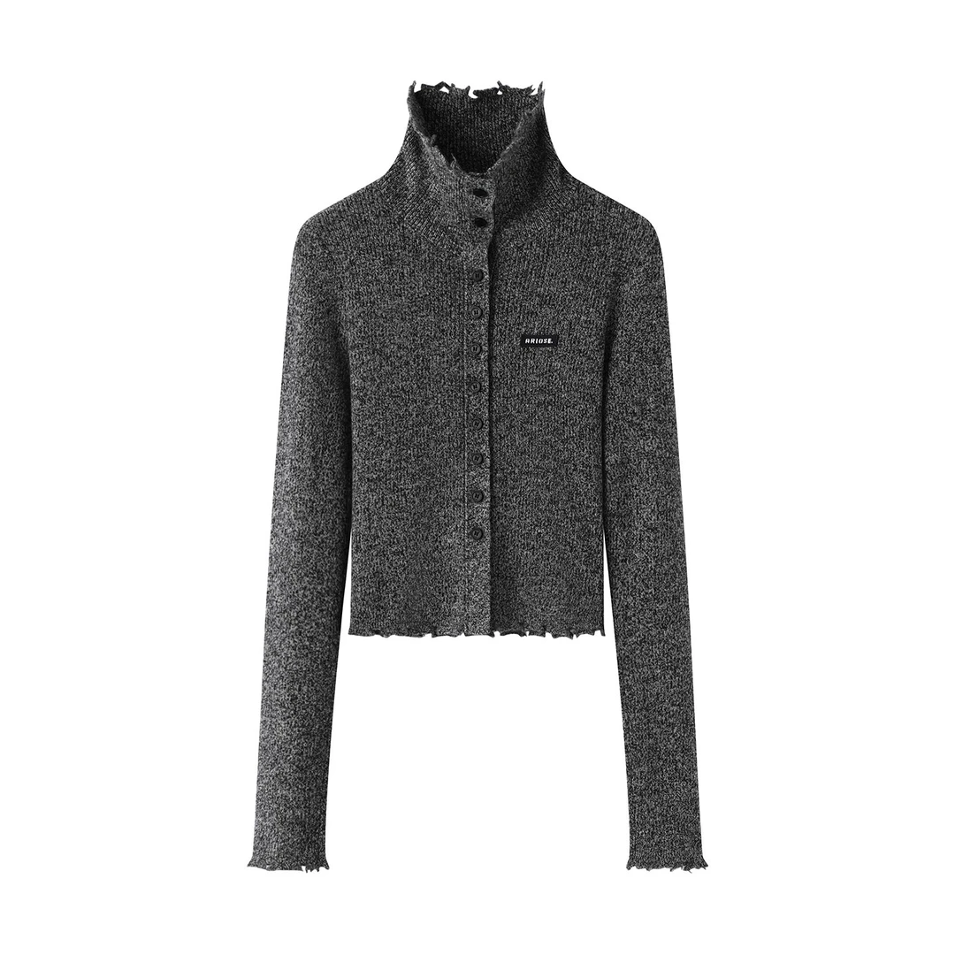 艾家！2025秋季设计感小众毛边毛衣修身显瘦短款灰色针织开衫女