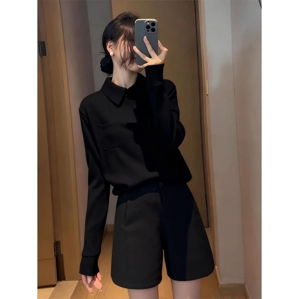 黑色polo领打底毛衣女2025秋冬季高级感轻熟风内搭显瘦针织衫上衣