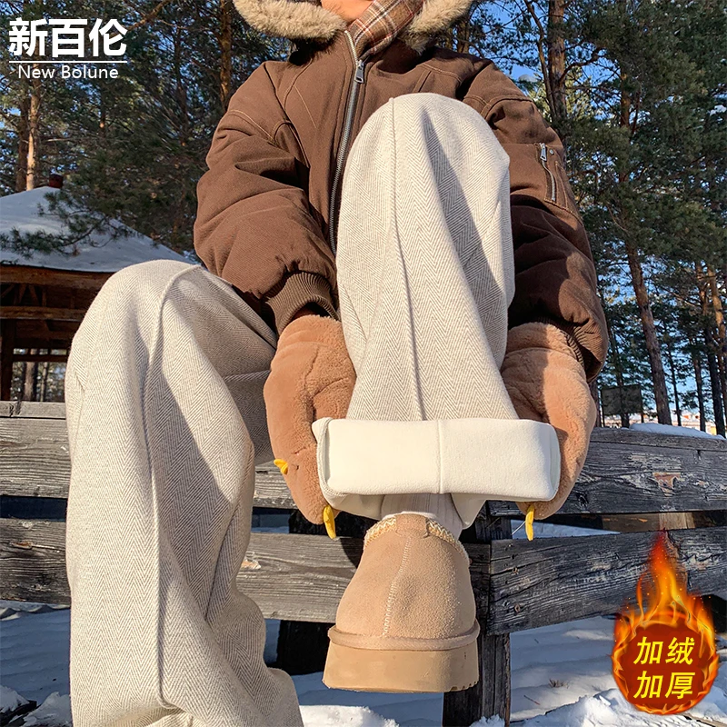 新百伦/NEW BOLUNE百搭保暖休闲裤男冬季新款加绒垂顺宽松阔腿裤