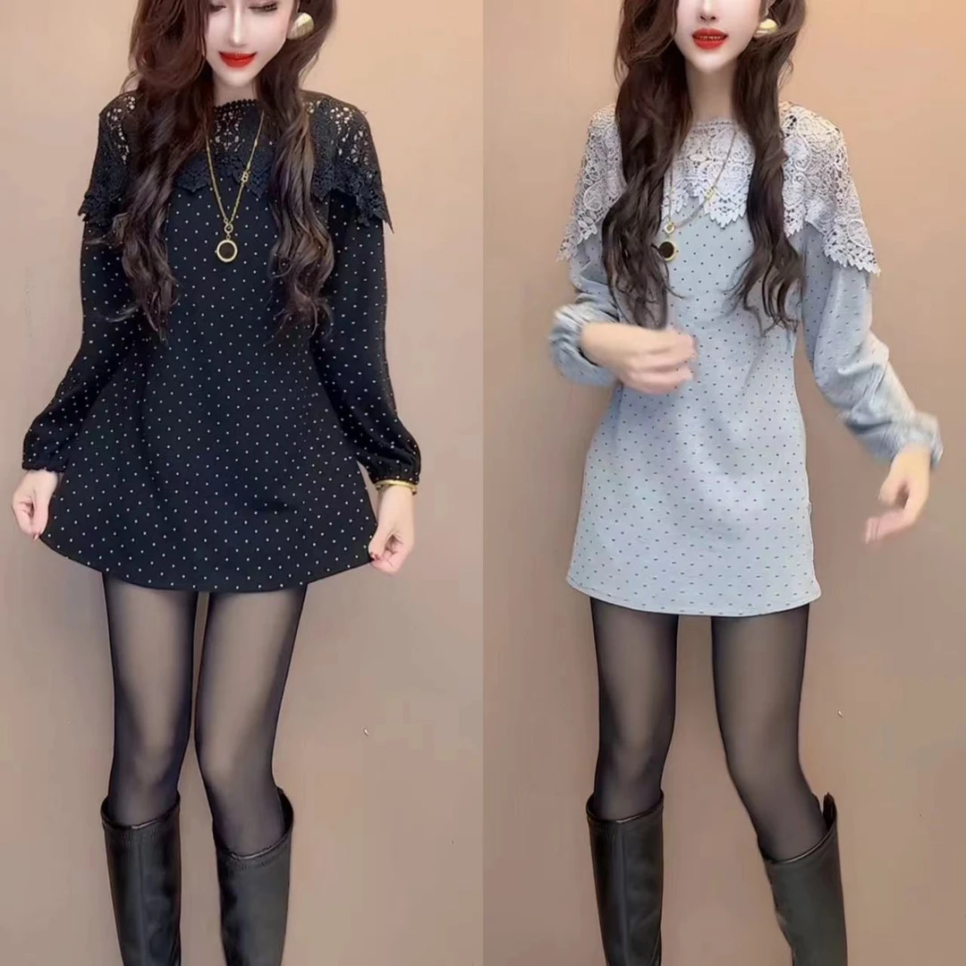 长袖圆领常规中长款蕾丝拼接打底衫秋冬宽松