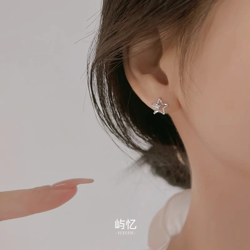 足银耳饰 999纯银五角星耳钉女镶钻超闪轻奢气质小众养耳洞不过敏