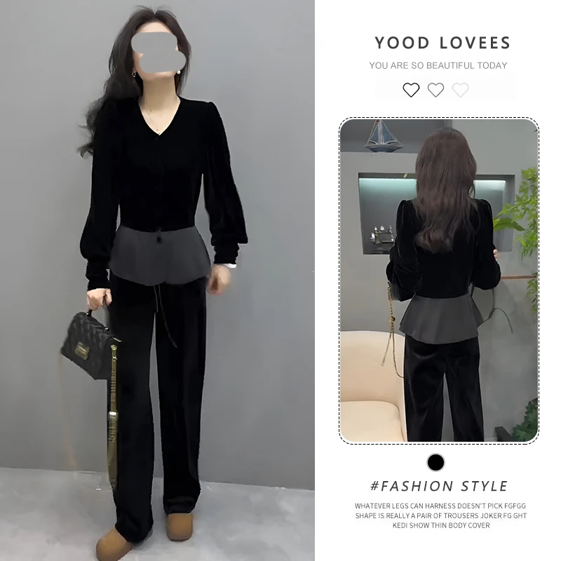 高级感时尚休闲风V领上衣裤子2025春秋新款女神范减龄显瘦两件套