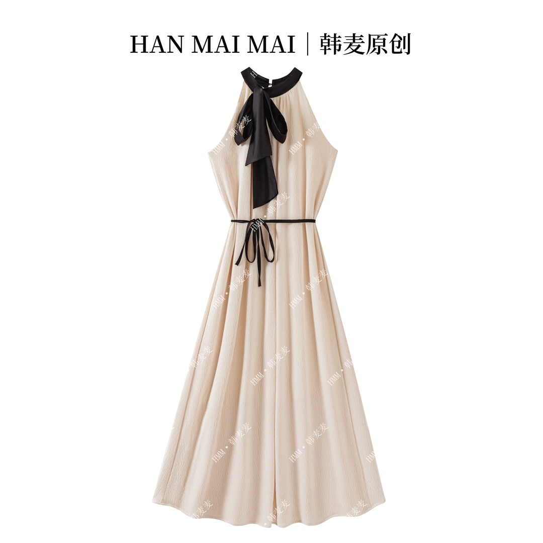 k02/法式气质飘带无袖挂脖连衣裙女夏季新款小众收腰显瘦裙子