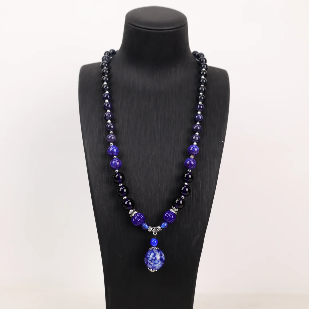 合金项链 LZ2287 深蓝色繁花大珠紫蛙三公紫绳编琉璃项链