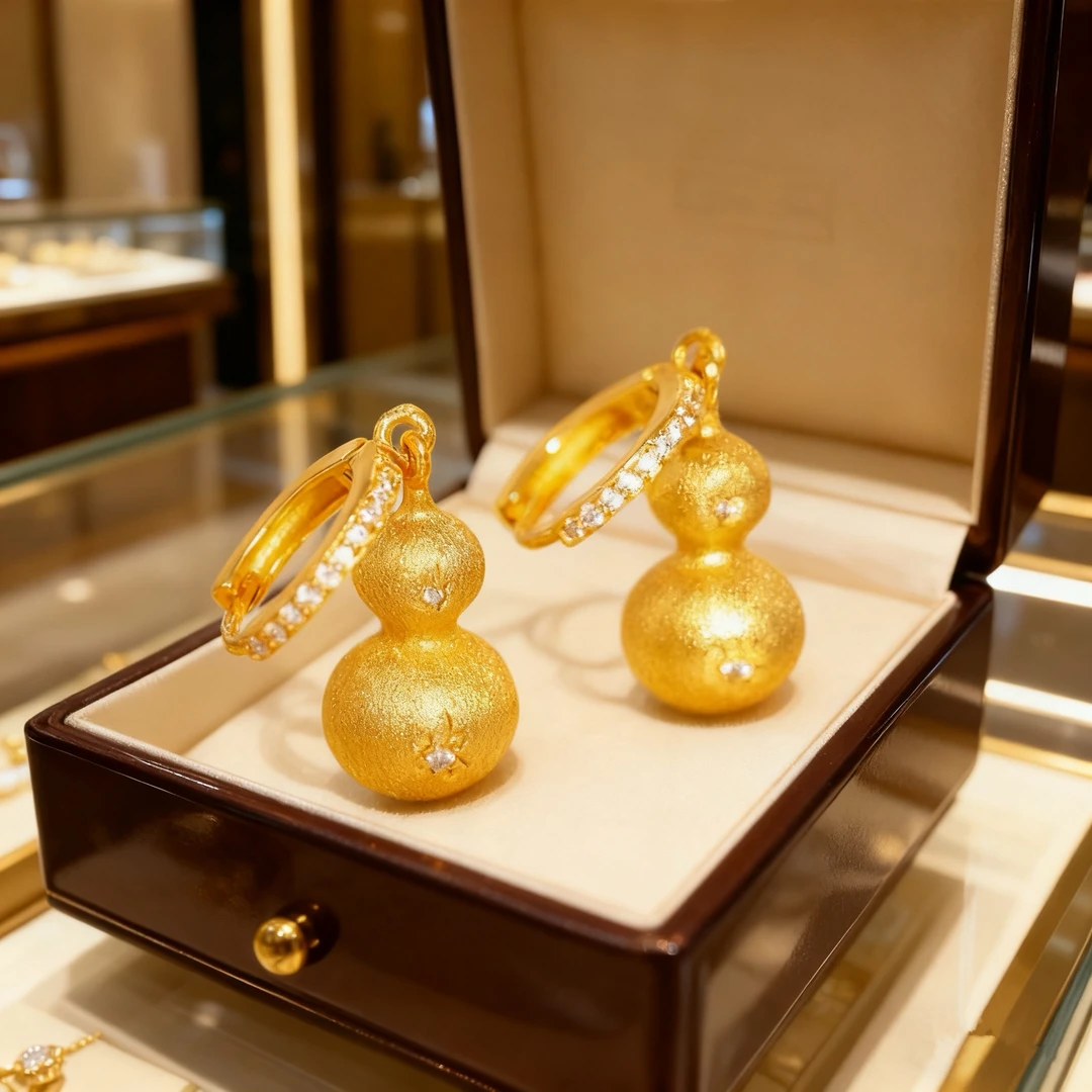 铜合金合成锆石耳饰 新中式国风氛围感香槟色葫芦圈圈耳环 E1-015