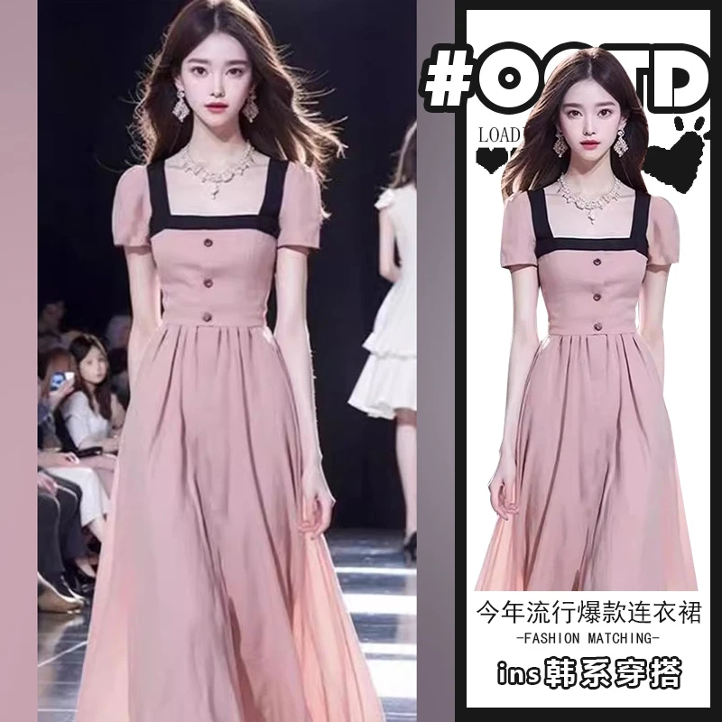 2025夏季新款气质减龄方领韩剧富家千金法式洋气方领拼接连衣裙潮