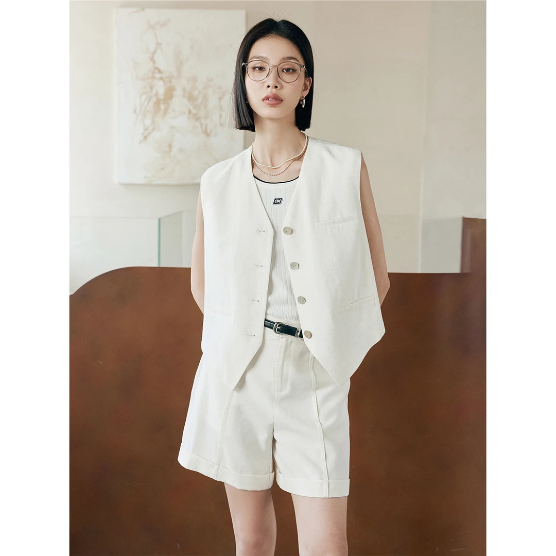 MUUMUN简约大气老钱风亚麻V领白色马甲短外套