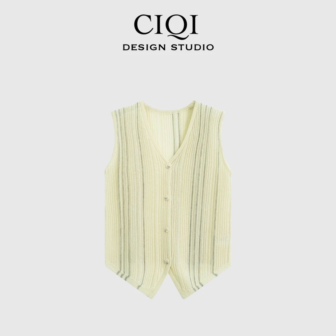 【奢品专属】夏季天丝亚麻V领复古修身针织无袖马甲针织衫DY952