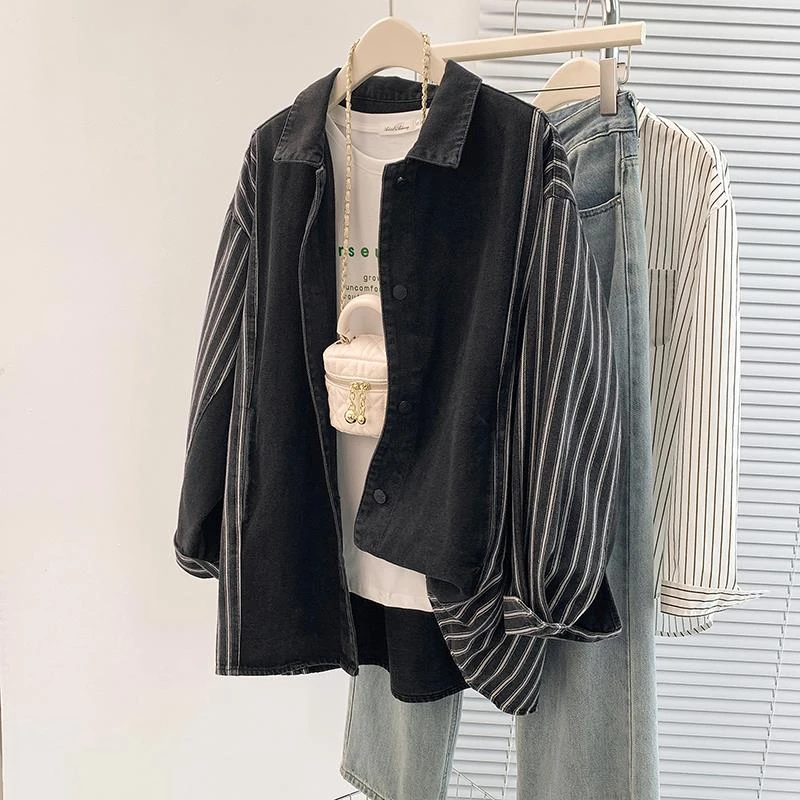 法芬图竖条纹拼接长袖牛仔衬衫女春新款设计感宽松休闲叠穿衬衣外