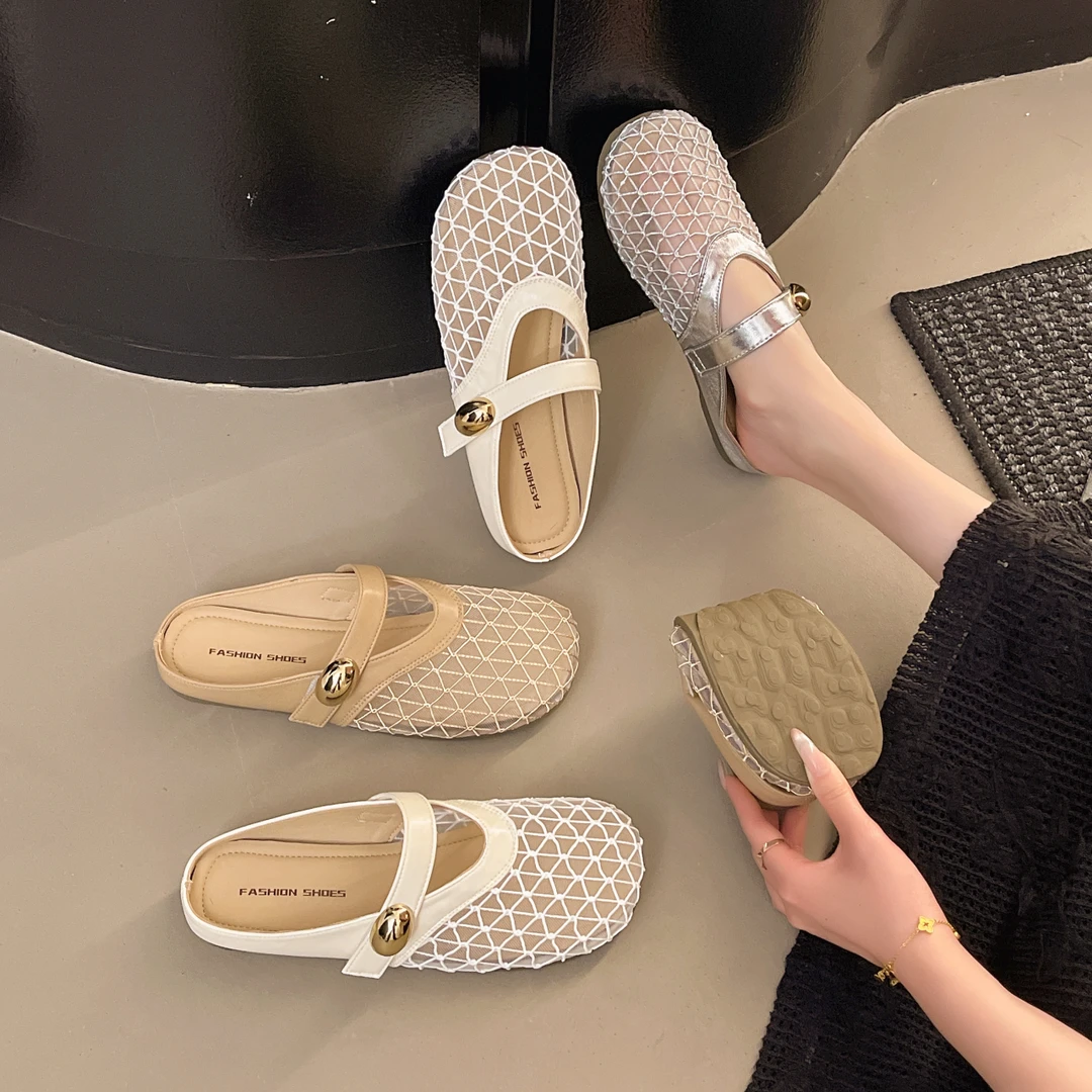 爆款包头拖鞋女夏外穿2025新款软底百搭一脚蹬透气镂空渔网半拖鞋