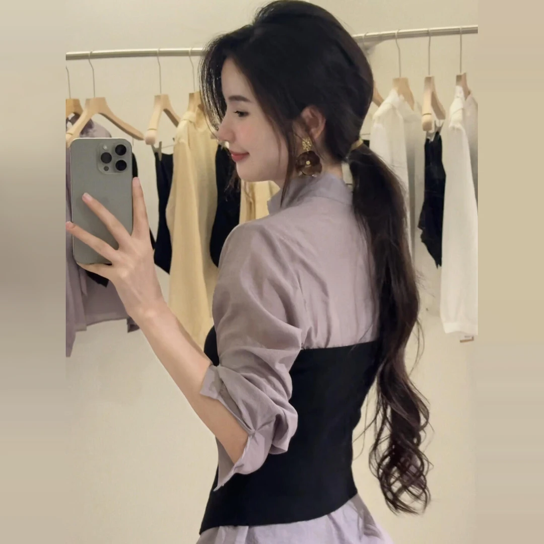 韩系气质紫色衬衫两件套装女2025新款早秋氛围感穿搭法式小资上衣