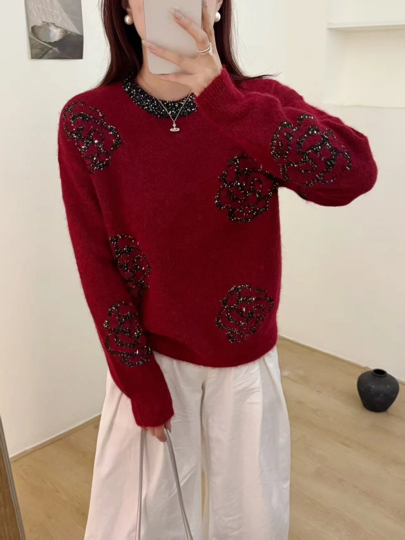 ‘亮片山茶花’套头丨2025高定百搭针织衫上衣女8221