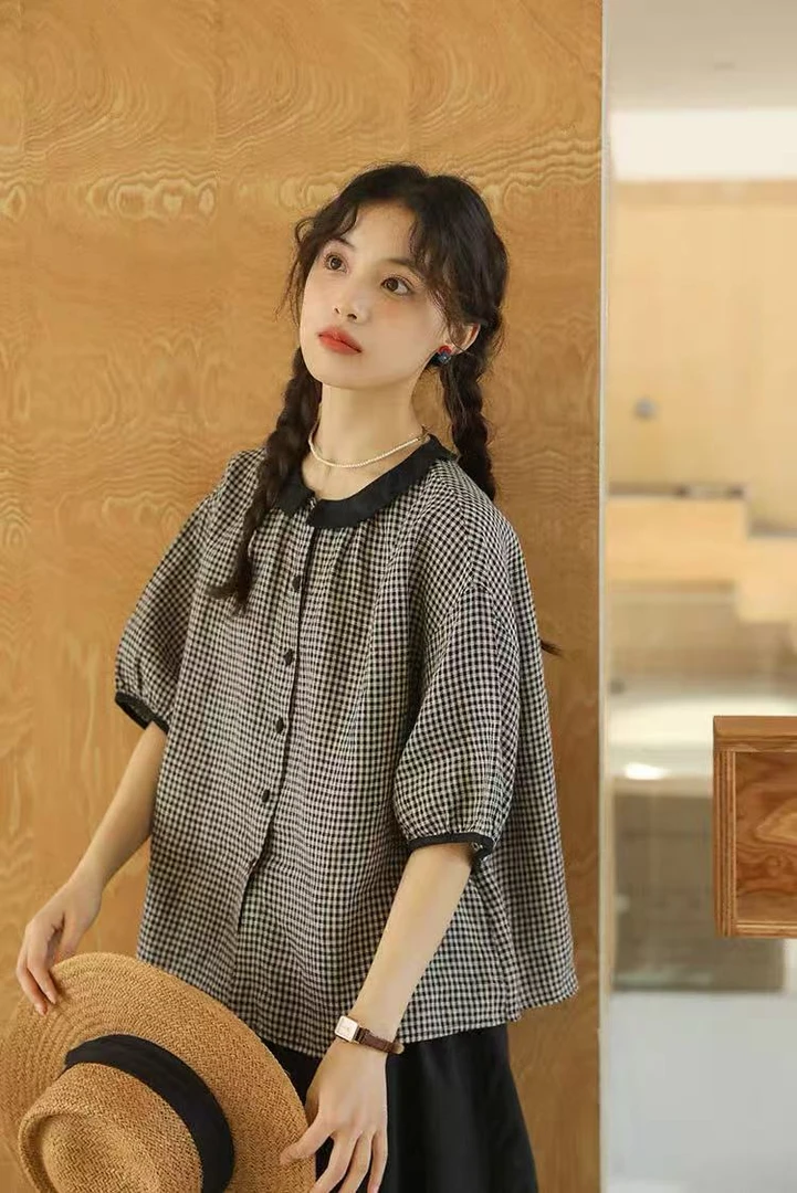 【棉】韩系复古文艺甜美气质上衣女黑白格纹衬衫小翻领别致小衫7719