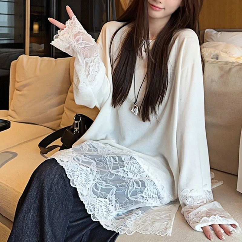 HONG JIA LIN/虹嘉琳ins蕾丝边打底衫拼接长袖T恤女春秋大码内搭