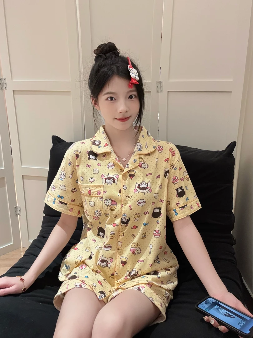 韩版可爱ins轻音少女睡衣女春秋季高级短袖短裤卡通饼干熊家居服