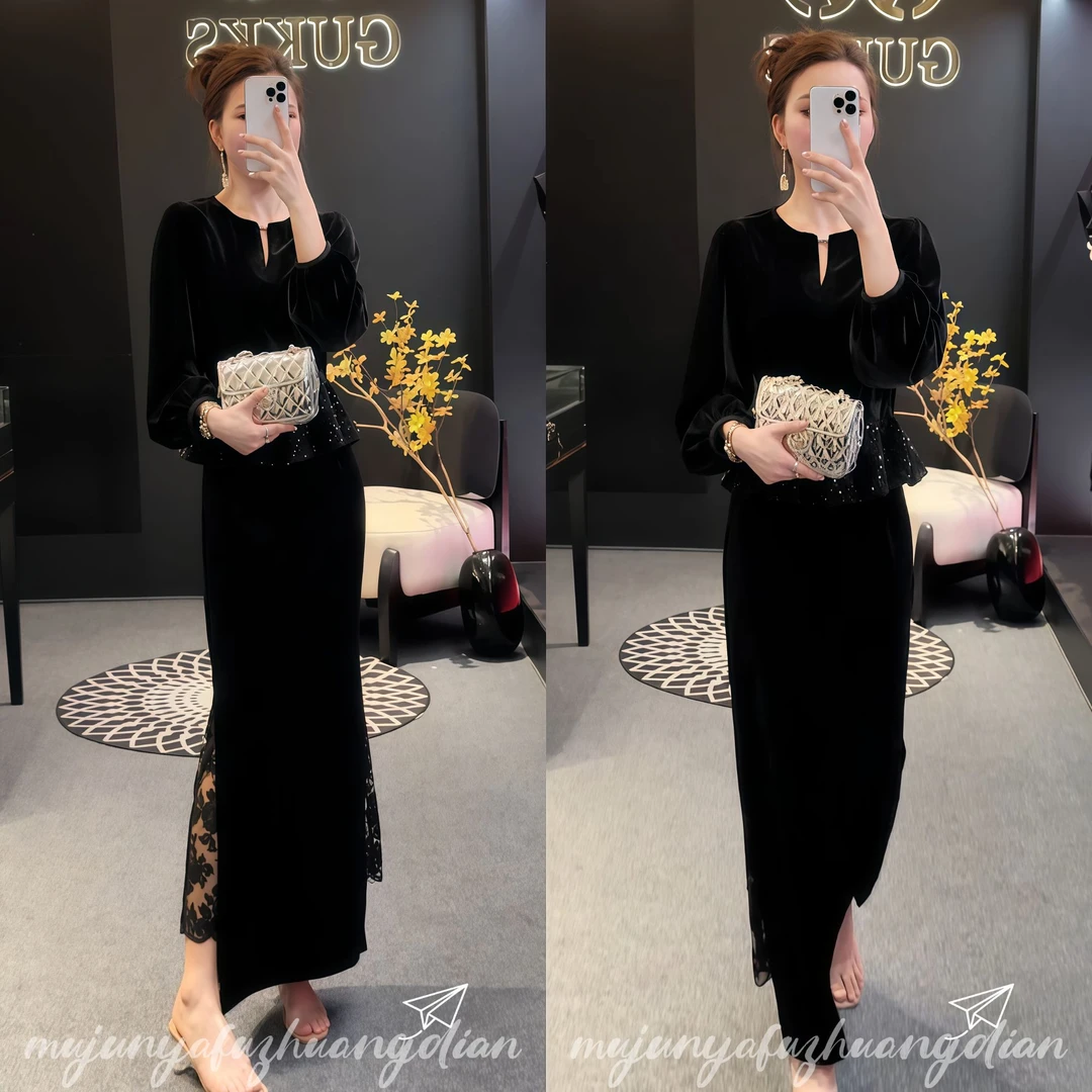 加绒蕾丝拼接开叉半身裙女士设计感2025秋冬套装