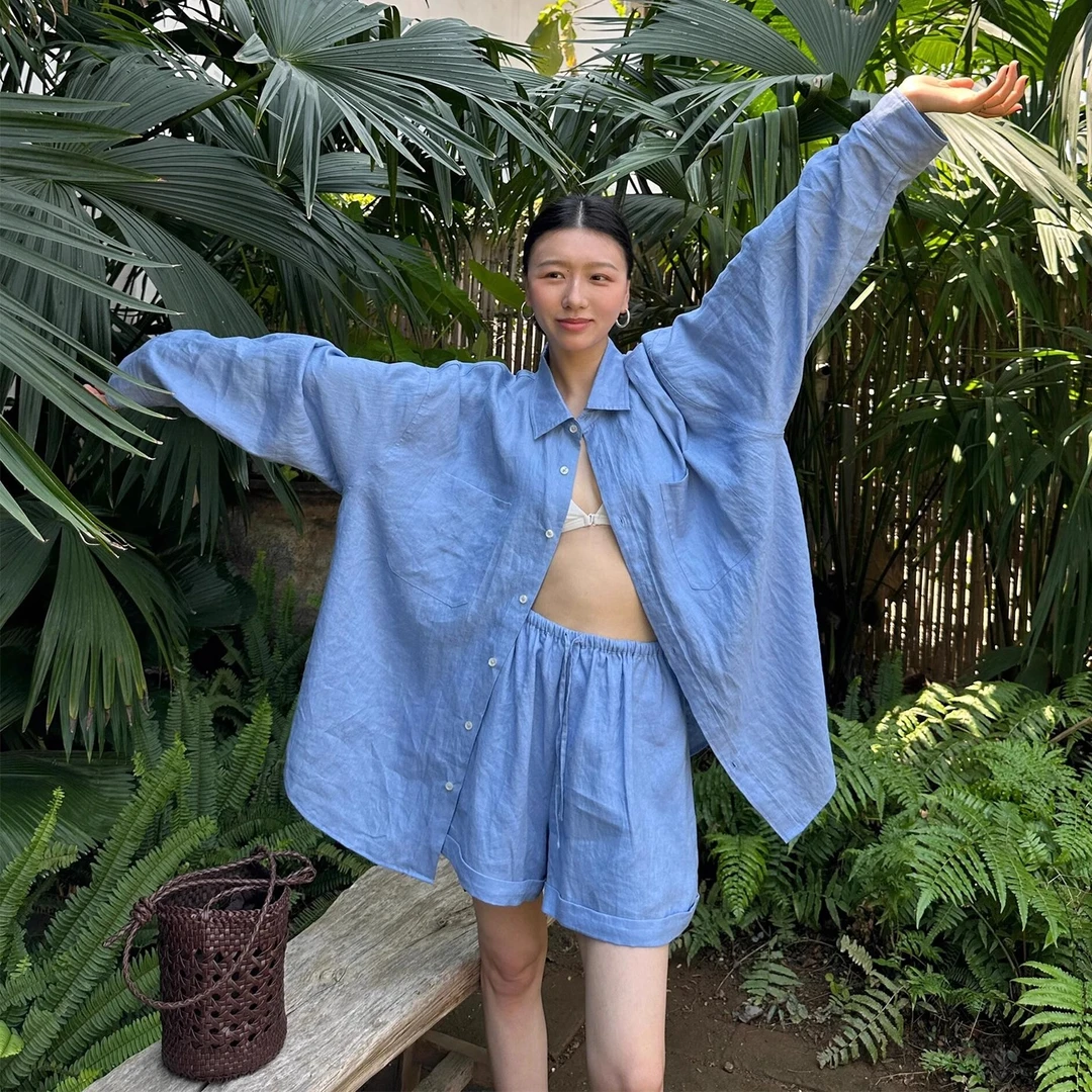 慵懒风休闲亚麻衬衫套装女夏松弛感气质老钱高端防晒衣短裤两件套