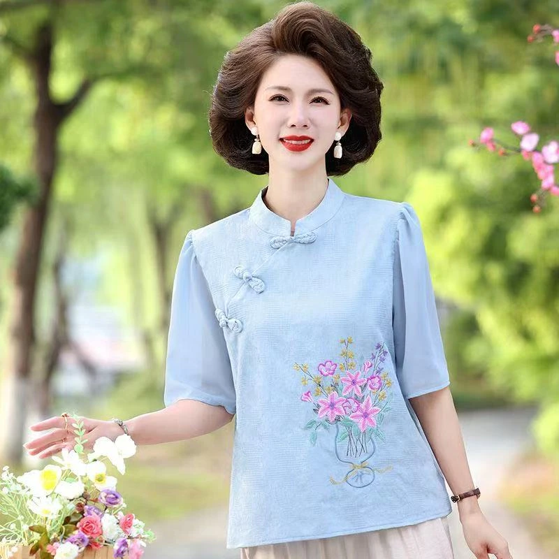 8995-中老年女装短袖衬衫绣花新款夏妈妈中式上衣T恤小衫【C8-2-2】