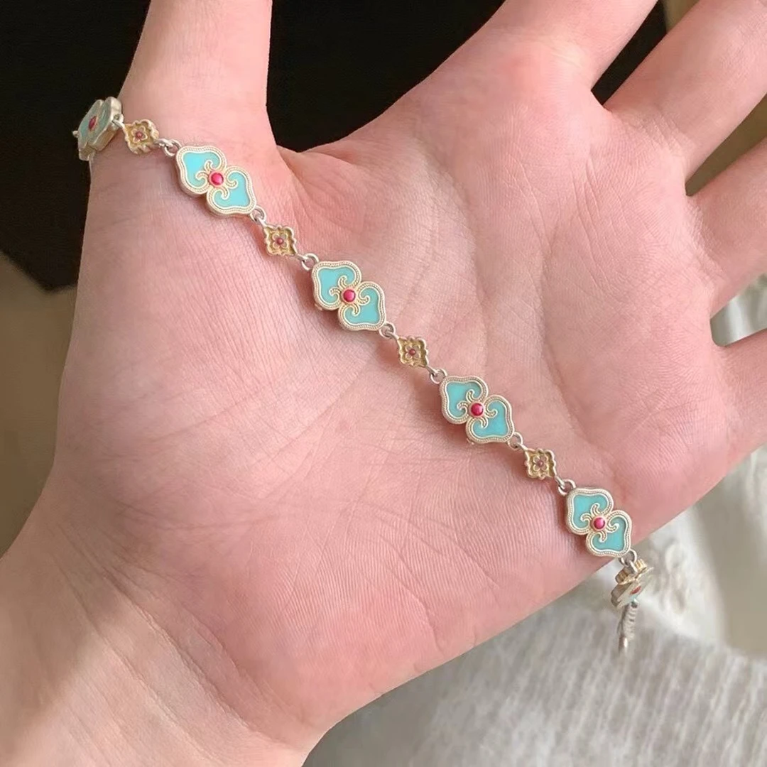 足银珐琅手链 足银手链女生纯银手链青色烟雨珐琅彩迷纯银手链女