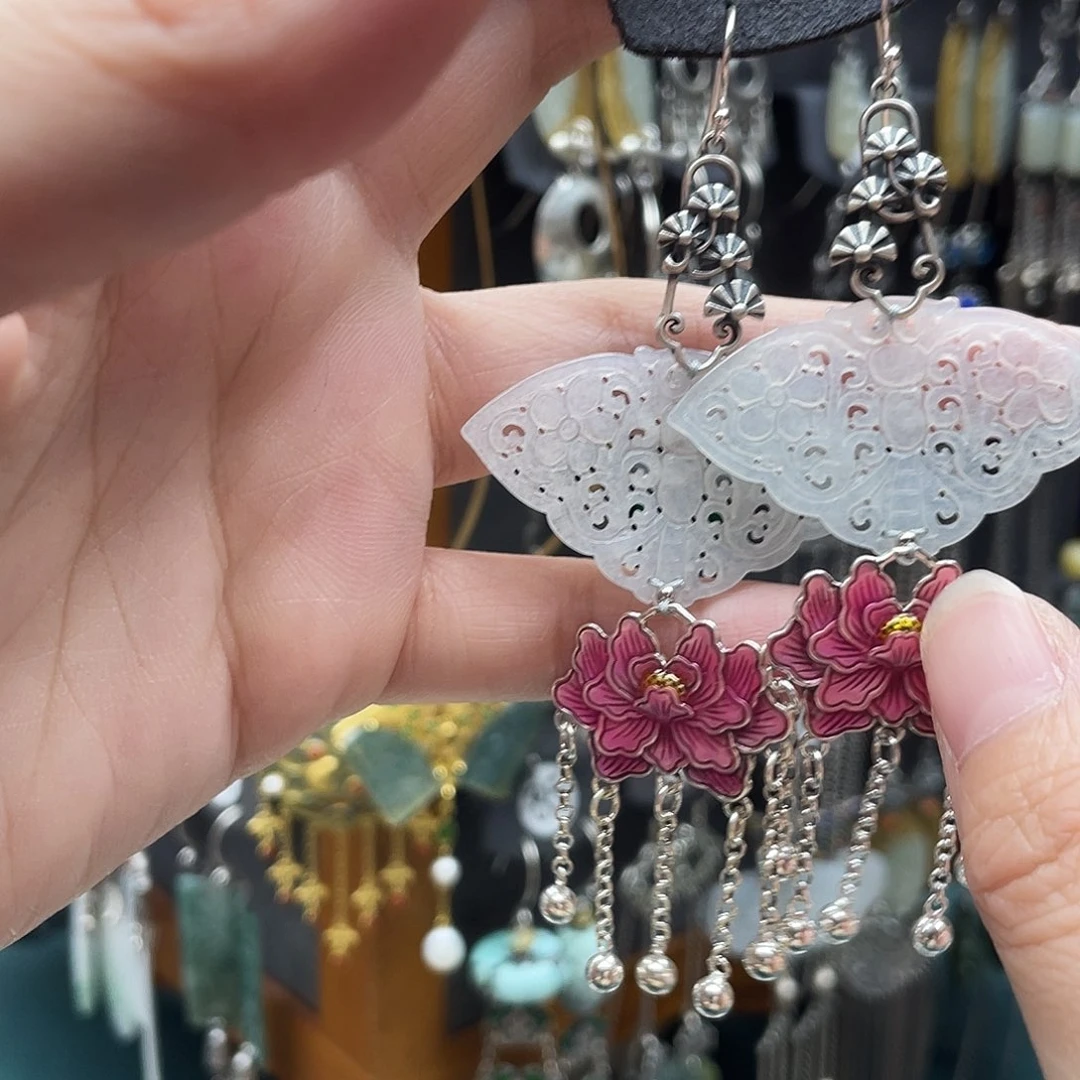 豫***）翡翠银S925镶嵌耳饰饰品