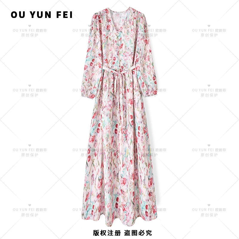 高级感连衣裙女夏季新款气质显瘦穿搭印花长裙F2028
