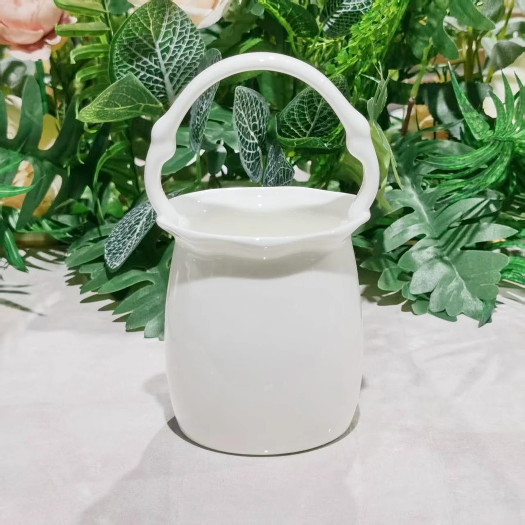 白如玉高档手工花篮创意筷子桶纯白家用提篮陶瓷筷子收纳筷子筒