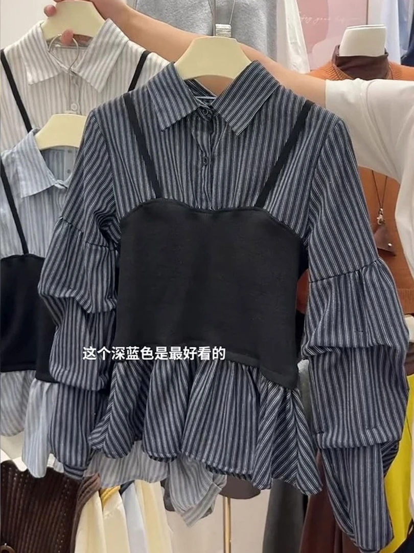 韩系假两件拼接条纹长袖衬衫女2025秋季新款气质洋气显瘦百搭上衣