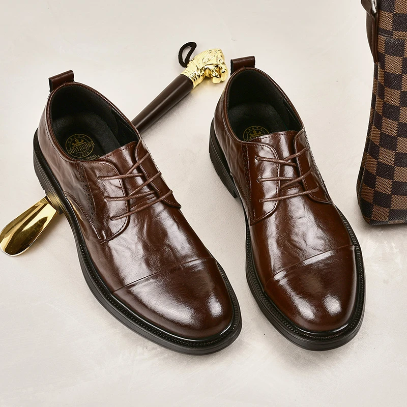 5623手抓纹皮鞋男三接头商务男士休闲百搭时尚系带潮流软皮软底鞋