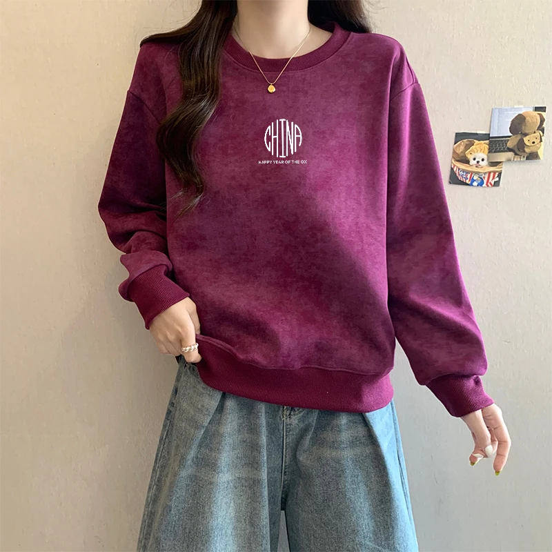 美式复古扎染圆领卫衣女无帽秋冬季2025新款爆款宽松套头上衣外套