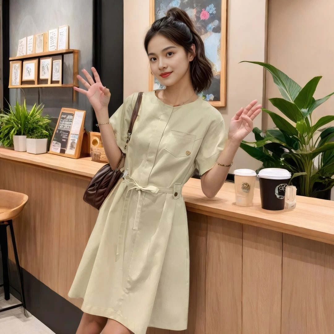 韩系简约连衣裙女夏2025新款小众显瘦显高清新收腰小个子连衣裙