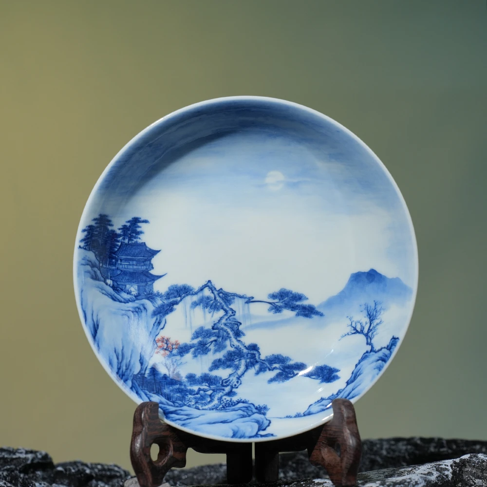 景琳藏楼阁夜景山水壶承 景德镇干泡中式家用创意茶点盘茶托盘