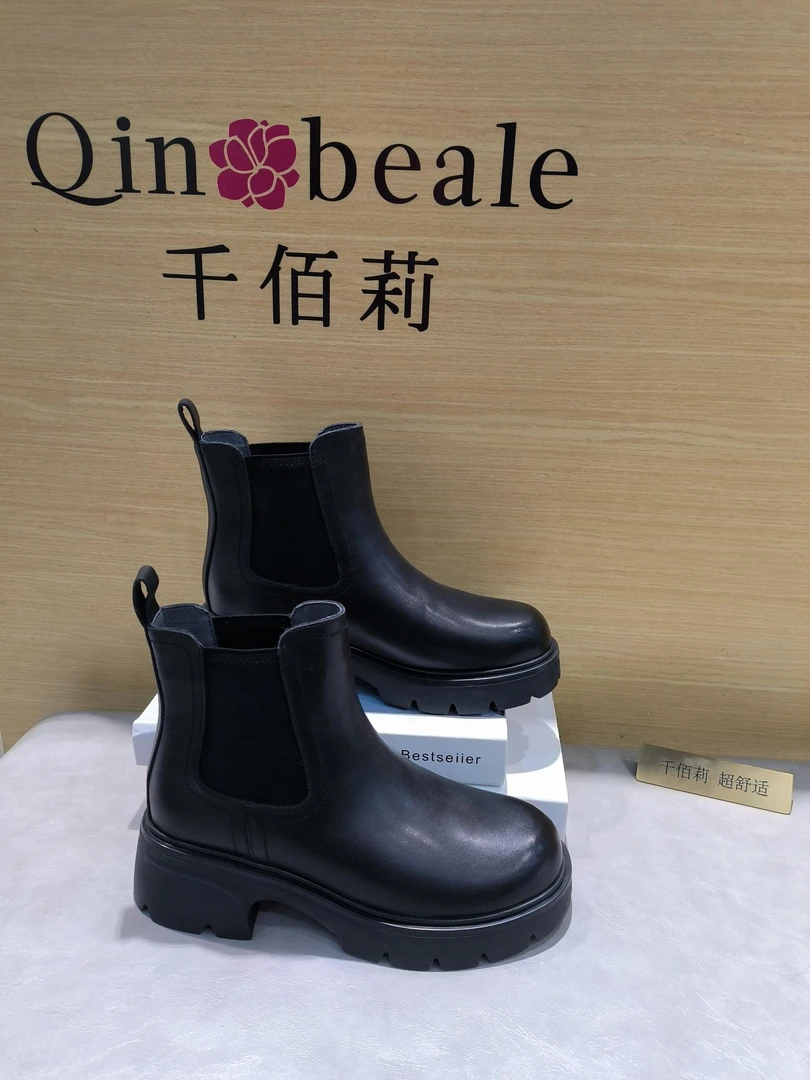 Qin&beale/千佰莉  全牛皮 一脚蹬 烟管靴 舒适薄棉短靴 B1237