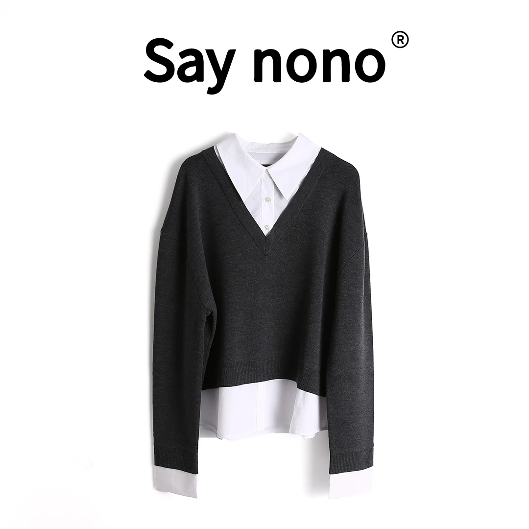 懒猫nono│Saynono  假两件绵羊毛针织拼接梭织套衫 /T24538