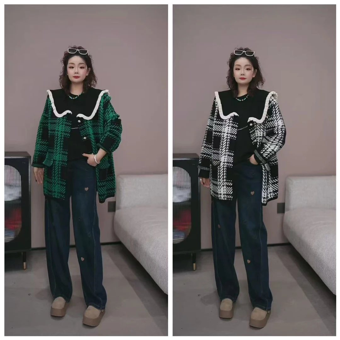 【No退换】瑕疵品【 木耳边大翻领格子大衣】水貂绒外套 XY 8033