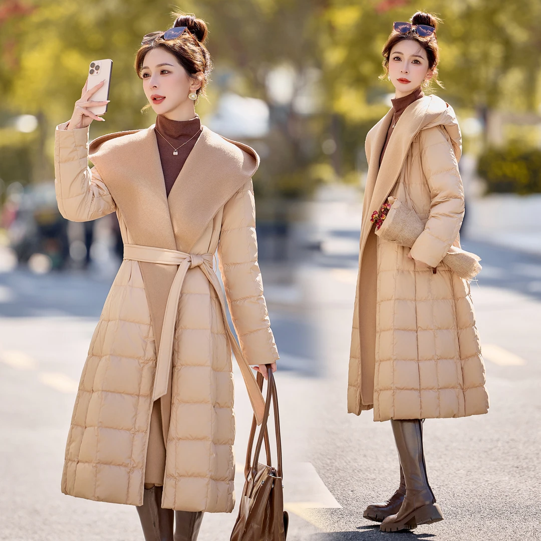 轻奢高级感羊毛呢拼接羽绒服女2025冬季新款气质加厚保暖长款外套